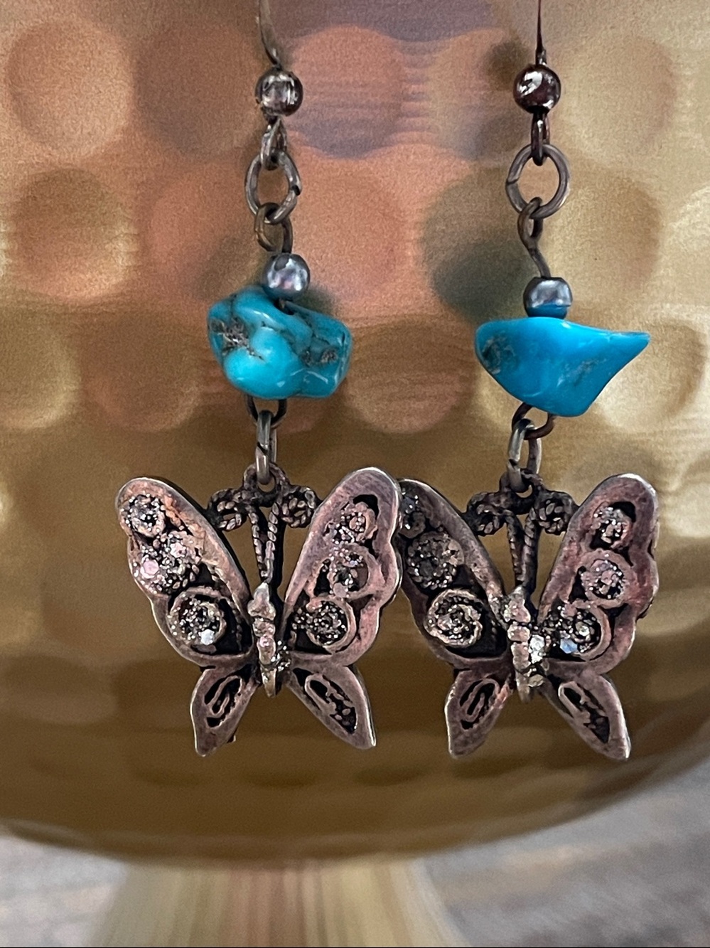 Silver Butterfly Drop Earrings with Turquoise Bead - Women Jewelry